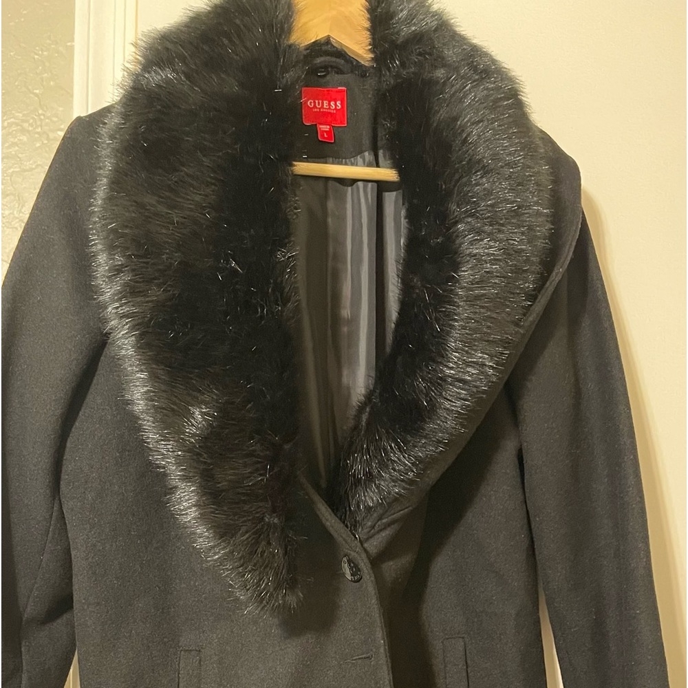 Guess Removable Faux Fur Collar Wool Blend Double Breasted Coat